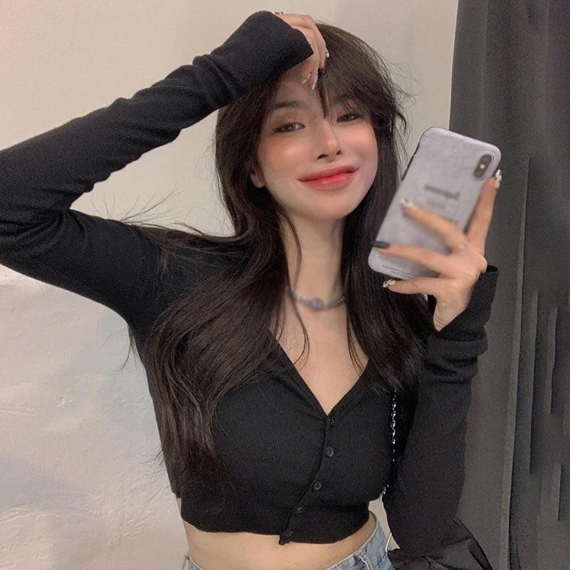 Women T-Shirts Long Sleeve Stretchy V-Neck All-Match Ladies Crop Tops Streetwear Korean Style