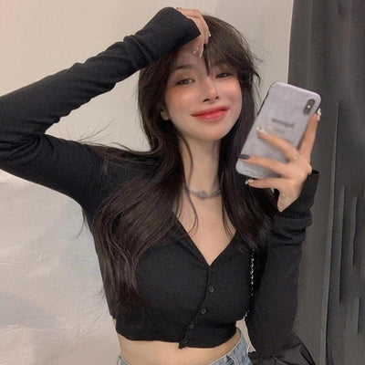 Women T-Shirts Long Sleeve Stretchy V-Neck All-Match Ladies Crop Tops Streetwear Korean Style