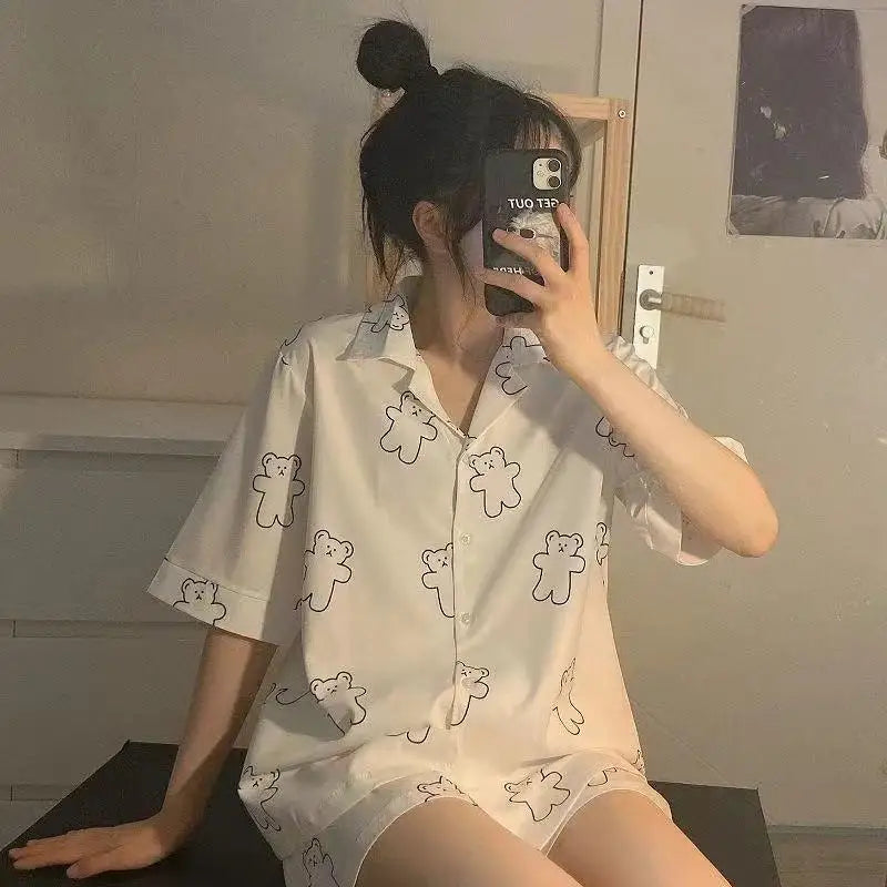 New Women Sleepwear Cartoon Pajamas Female Short  Pants Short Sleeved Summer Spring Loungewear Fashion Home Clothing Homewear