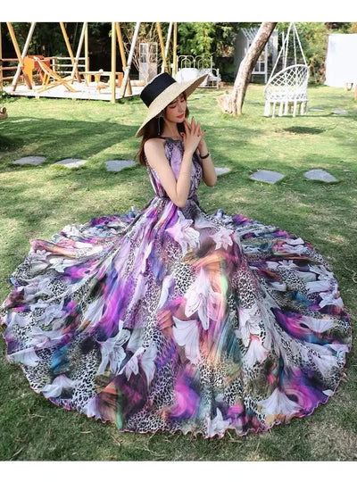 2023 New Floral Summer Sleevelss Suspender Maxi Dress for Women Sexy Backless Beach Purple Boho Robe Femme Sundress Dress Photo