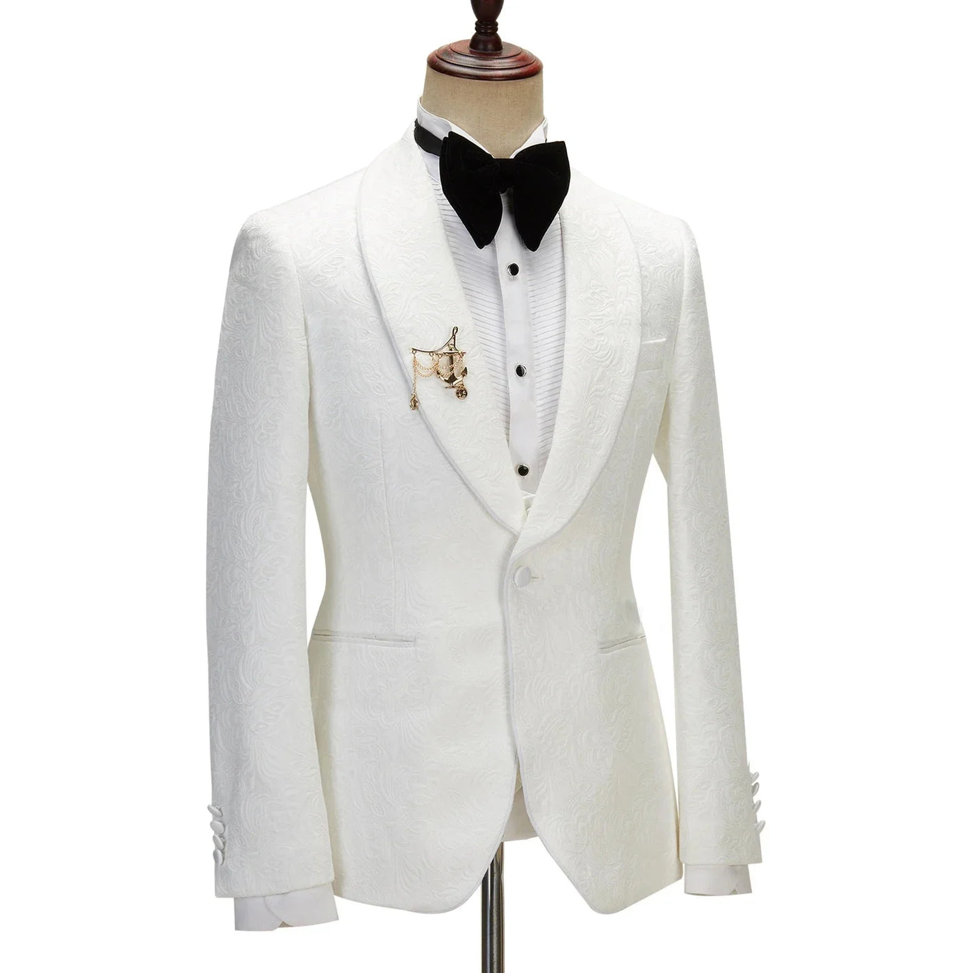 2025 Men's Suit for Wedding Ivory Jacquard Shawl Lapel White Jacket Black Pants with Satin Side Stripe Jacket Tuxedo Slim Fit - Elanique