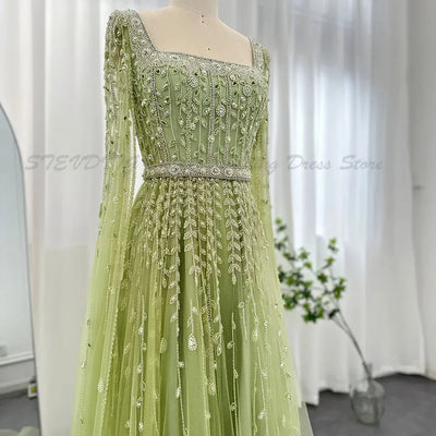 Luxury Evening Dresses Women High Quality Floor Length Sweep Train Long Sleeves Prom Party Square Collar Banquet Gowns Classic