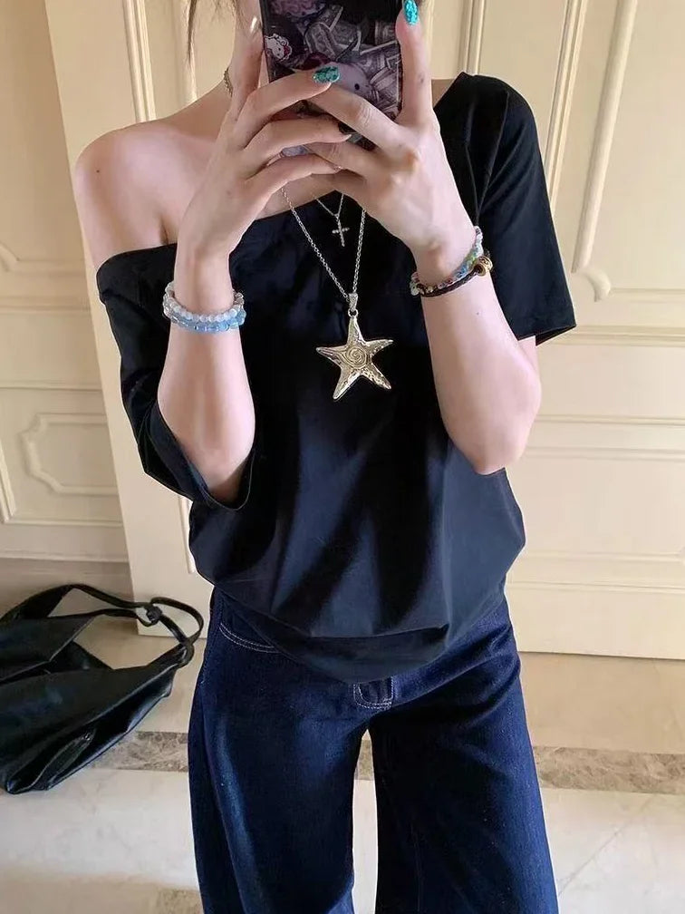 T-shirts Women Niche Design Off Shoulder Solid Short Sleeve Summer Chic Loose Casual Daily Simple Sexy Korean Trendy Street Tops