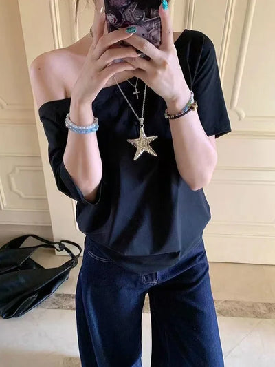 T-shirts Women Niche Design Off Shoulder Solid Short Sleeve Summer Chic Loose Casual Daily Simple Sexy Korean Trendy Street Tops
