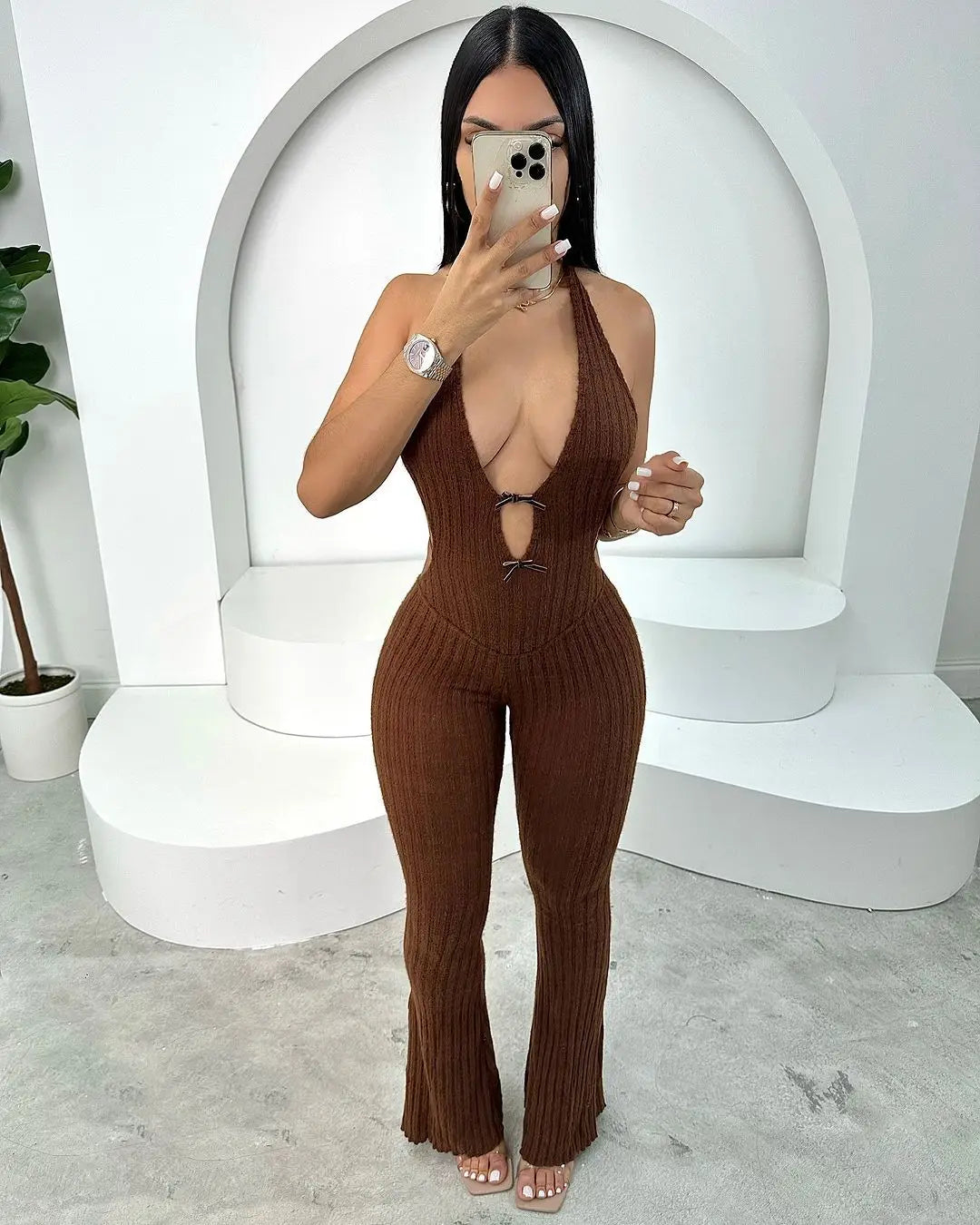Joskaa Knitted Halter Backless Jumpsuit Women Sexy Deep V-Neck Bow Sleeveless Skinny Overalls 2025 Fitness Sportswear Clubwear