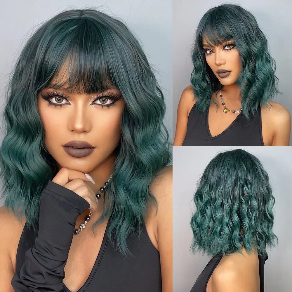 Short Wavy Bob Wigs for Women Dark Brown Bob Natural Synthetic Wig with Bangs for Girl Daily Cosplay Use Heat Resistant