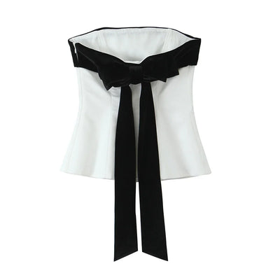 TRAF Womans Tops Off Shoulder White Crop Top Women Strapless Corset Woman Tube Top Summer Velvet Lace Up Butterfly Backless Top