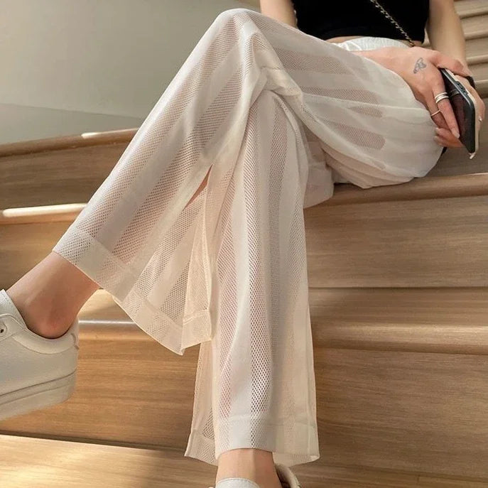 Wide Leg Elastic Waist Trousers for Woman Straight Women's Pants Black Stripe White Clothing High Quality Classic Y2k Streetwear