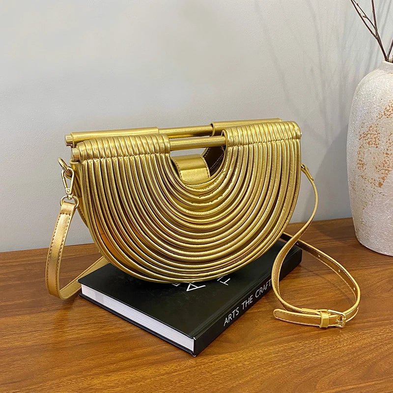 Handbags for Women 2025 New Gold Luxury Designer Brand Handwoven Noodle Bags Rope Knotted Pulled Half Moon Silver Evening Clutch