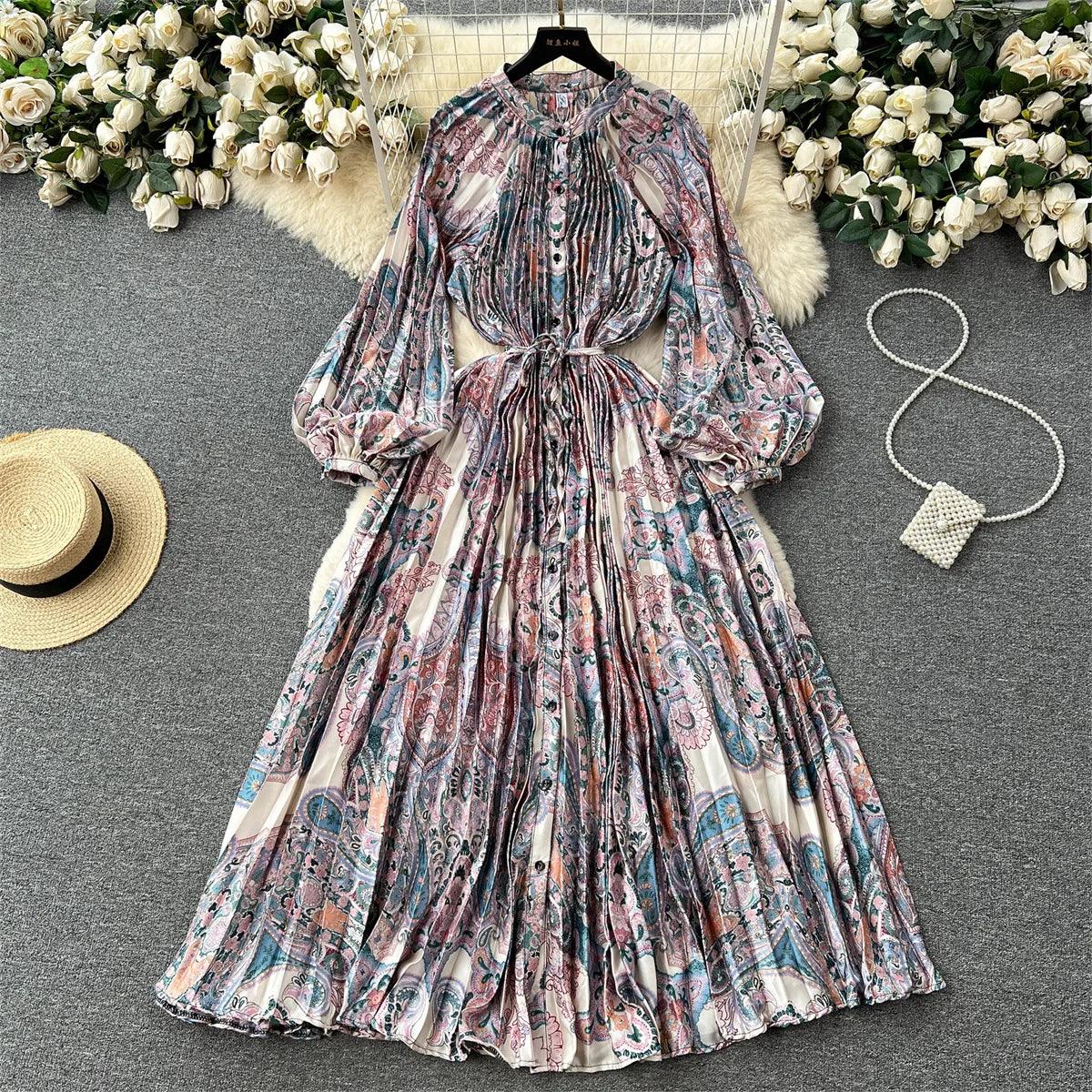 Retro Print Elegant Pleated Lantern Long Sleeve O Neck Single Breasted Dress A-line  Casual High Waist Women Summer Dresses
