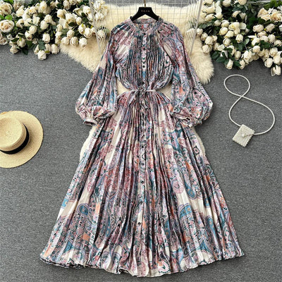 Retro Print Elegant Pleated Lantern Long Sleeve O Neck Single Breasted Dress A-line  Casual High Waist Women Summer Dresses