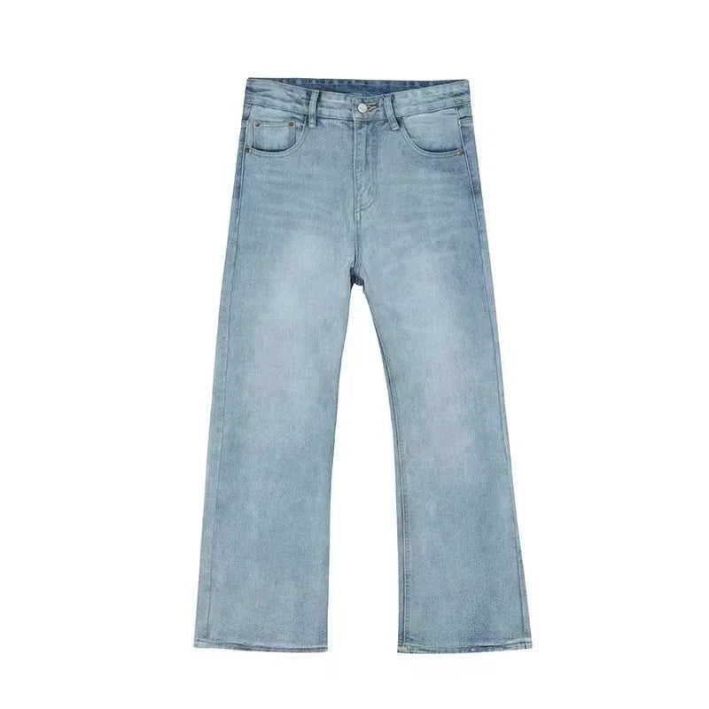 Jeans Denim Pants Men Long Flare Pant Straight Trousers High Waist Casual Regular Pockets Slim Fit Splice Simple Autumn 2024