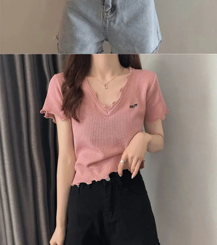 Oversized Summer Short Sleeve T-shirt Women's Foreign Style Versatile Slim Knitted Top Underlay