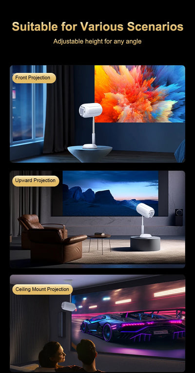 Portable Mini  Android Projector Support 4K  1080p Integrated 90°Adjustable Stand Hight Adjustment WiFi Bluetooth  ,Model:TS6