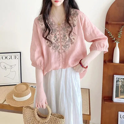Women's Clothing Linen Blouse White V-Neck Embroidered Shourt Sleeve Loose Fit Artistic Casual Feminine Fashion