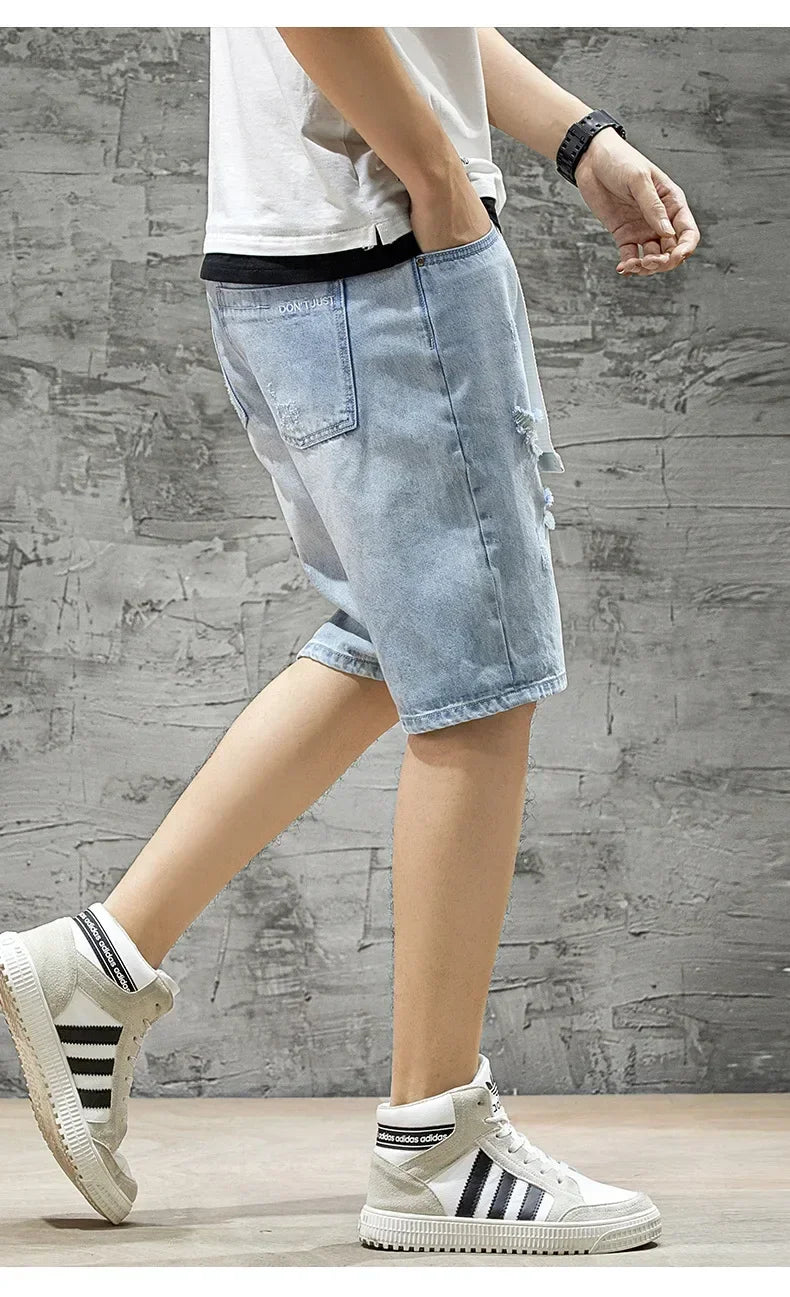 Summer Denim Shorts For Men Trendy Ripped Elastic Waist Loose Fit Casual Jeans 5 Minute Length Middle Pants