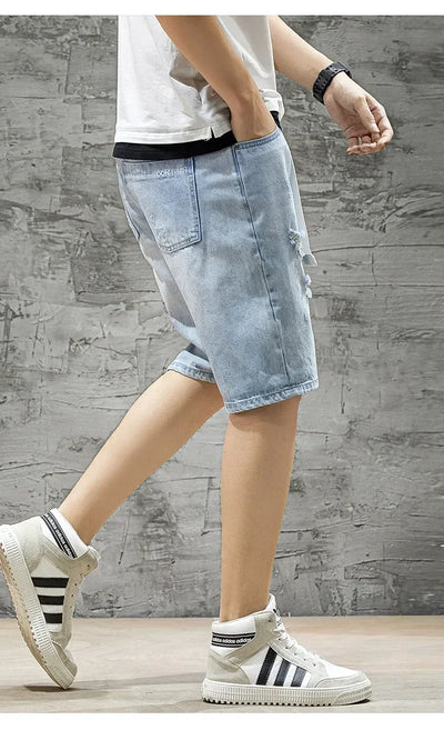 Summer Denim Shorts For Men Trendy Ripped Elastic Waist Loose Fit Casual Jeans 5 Minute Length Middle Pants