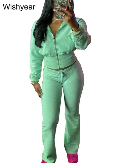 Tracksuits Women Sales Fall Winter Waffle Knit Two 2 Pieces Set Sweatshirts Jacket and Flared Pants Street Sports Workout Outfit