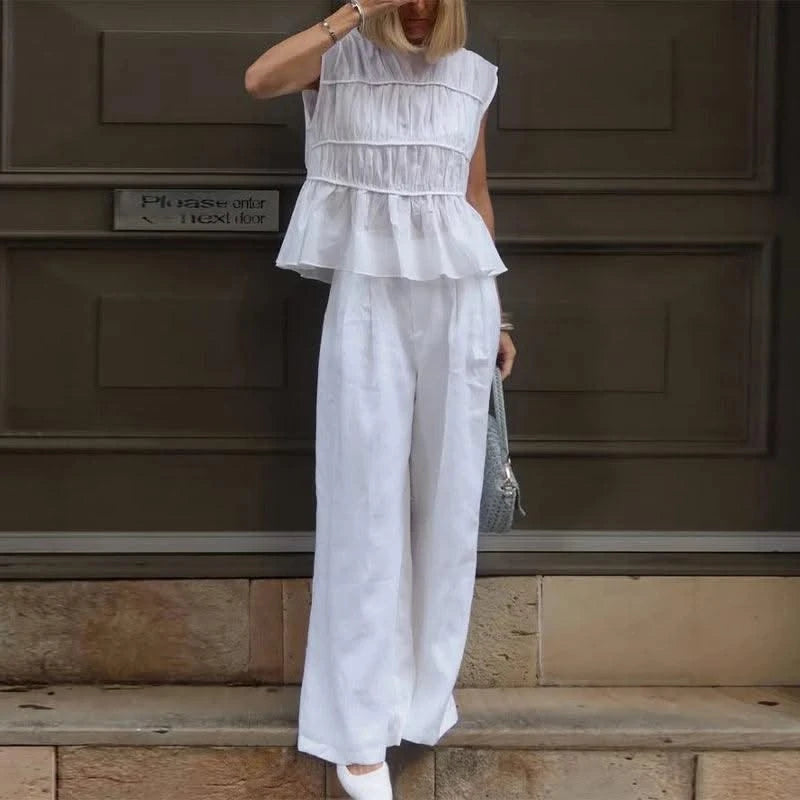 Women Cotton Linen Sleeveless Blouse Round Neck Pleated Top 2025 Spring Summer New Lady O-Neck Solid Color Shirt