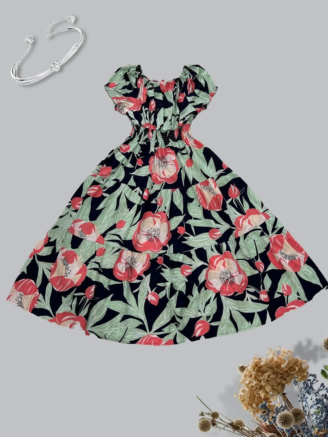 Women's Floral Summer Fashion Women's Print One-line Shoulder Dress Summer Beach Vacation Dress Causul Dress for Women