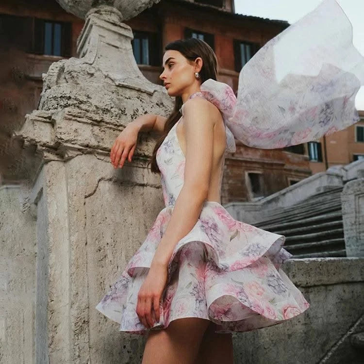 Elegant Floral Short Dress Summer Holiday Outfits Women Layered Party Dresses Sexy Halter Bow Lace-up Ruffled Hem Puffy Dress