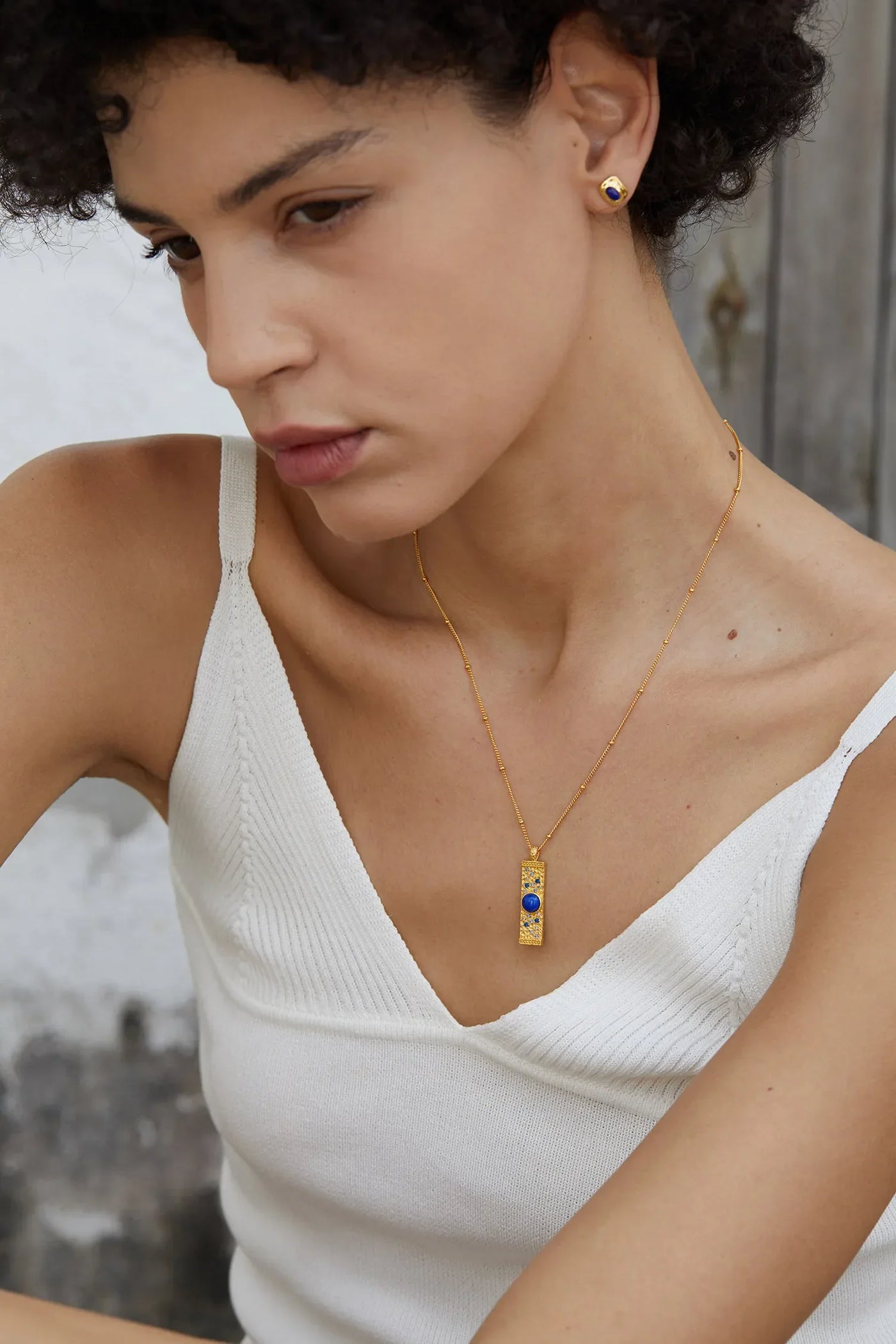 Lapis Lazuli CZ 925 Silver Gold Plated Hammered Bar Pendant Necklace Women Blue Stone Geometric Trendy Dainty Luxury Necklaces