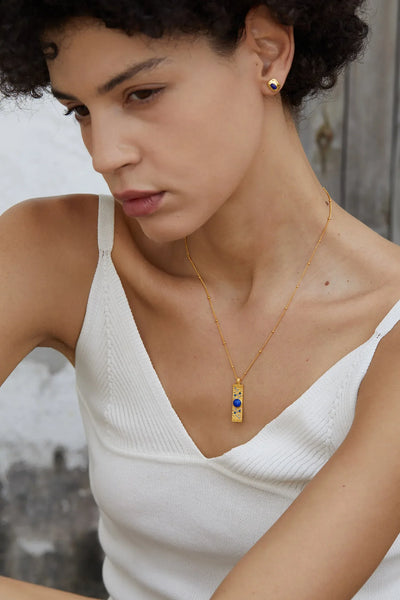 Lapis Lazuli CZ 925 Silver Gold Plated Hammered Bar Pendant Necklace Women Blue Stone Geometric Trendy Dainty Luxury Necklaces