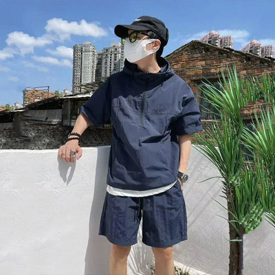Summer Sweatsuit Sets Men Casual Hoodie T-shirt Short Sleeve Quick Dry Shorts Sports Suits Summer Outdoor Thin Cool Workwear Set