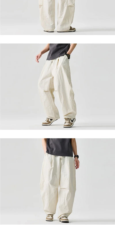 Wide leg Pants Men Harajuku Japanese Style Loose Casual Pants Men Solid Comfortable Elastic Waist Trouser Outdoor Walking Hiking