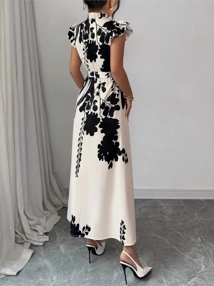 Summer Dress Women Flower Floral Print Fashion Elegant Ladies Dresses Slim High Waist Ruffle Pleated Woman Dress