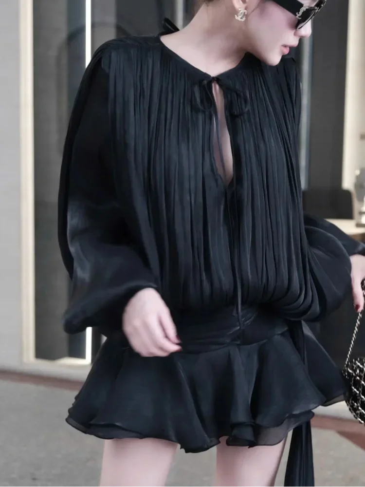 Ruffles Mini Dress Women Lace Up  V Neck Long Sleeve Pleated Female Dresses 2025 Elegant Summer Autumn Street Loose Ladies Robes