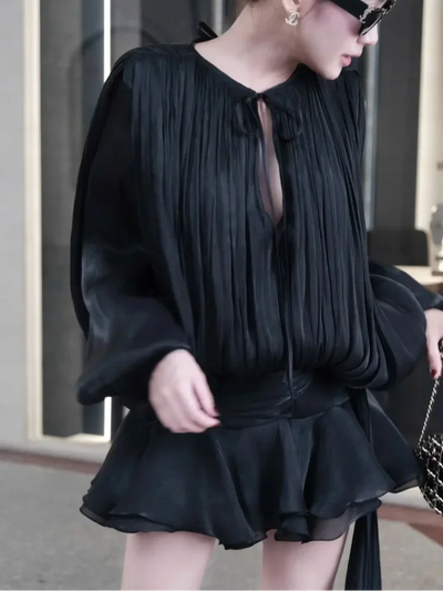 Ruffles Mini Dress Women Lace Up  V Neck Long Sleeve Pleated Female Dresses 2025 Elegant Summer Autumn Street Loose Ladies Robes