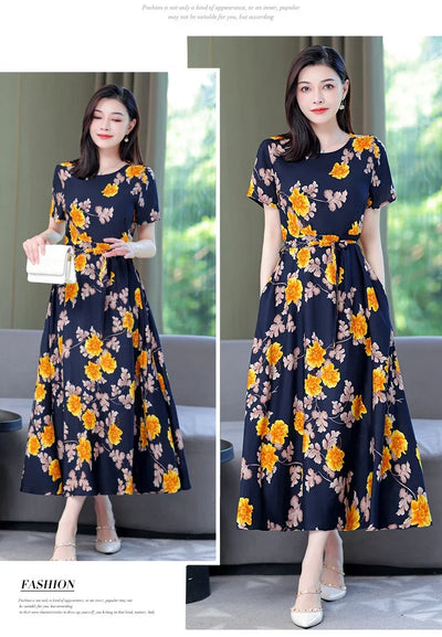 New Fashion 2024 Print Summer Dresses For Women Short Sleeve O-Neck Elegant Summer Dress Woman Clothing