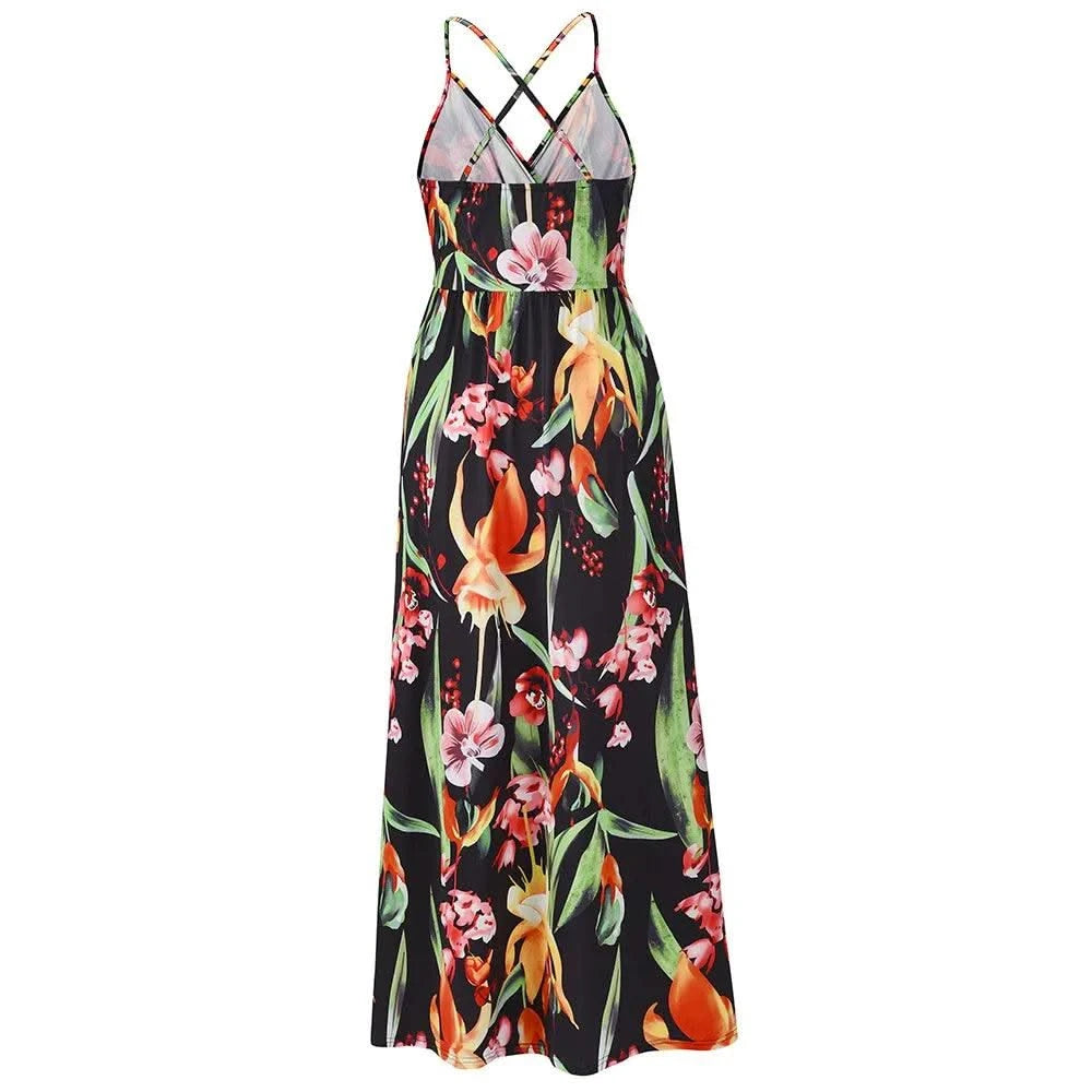 Floral Dress Women's Summer Dress Sexy Backless V-neck Suspender Long Dress