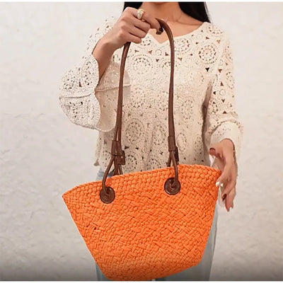 Designer Bohemian Chic Shoulder Bag,Solid Color Large Capacity Straw Woven Tote Bag,Nature-Inspired Beach Vacation Women Handbag