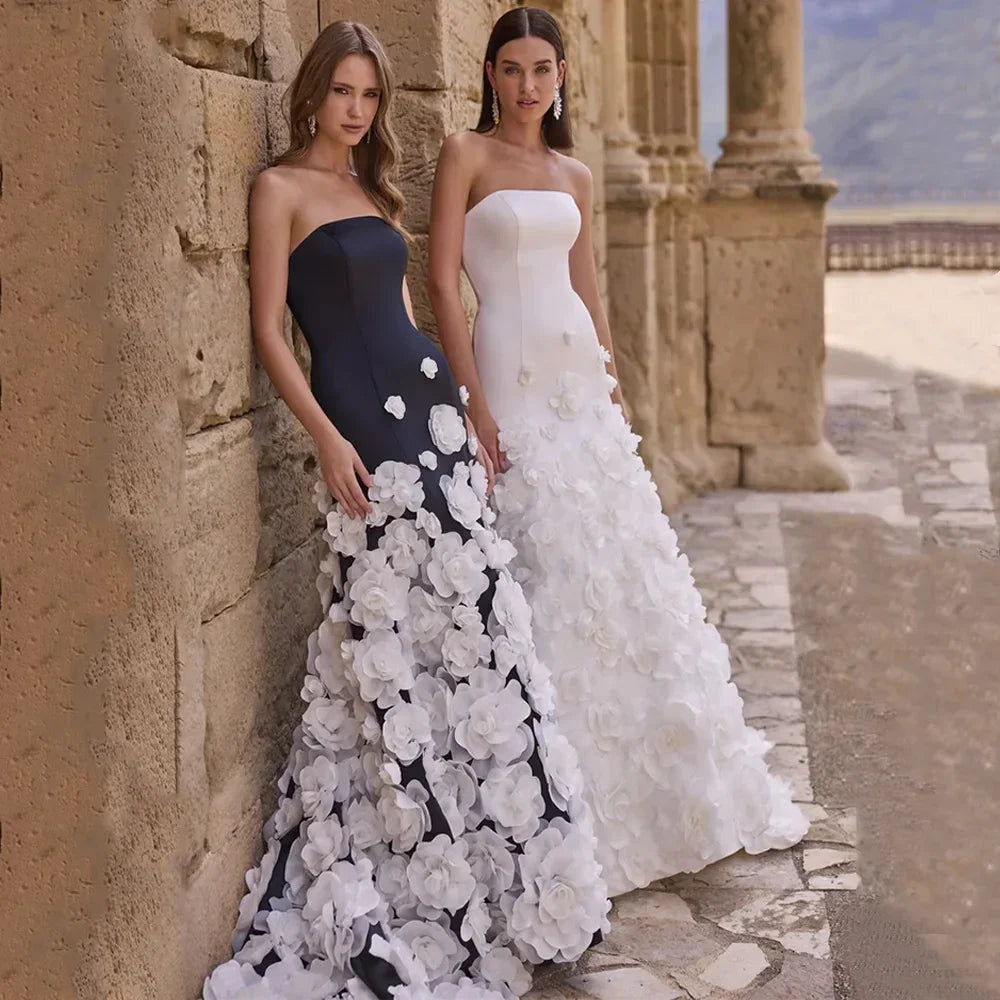 Saudi Arabic Wedding Dress with Flowers Customized Strapless Sleeveless Sweep Train Arabian Bridal Gown Back Zipper Buttons