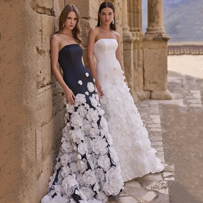 Saudi Arabic Wedding Dress with Flowers Customized Strapless Sleeveless Sweep Train Arabian Bridal Gown Back Zipper Buttons