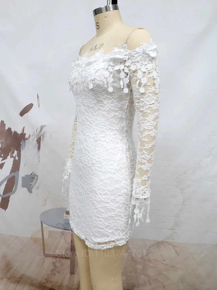 Fashion Elegant Chiffon Floral Dresses For Women High Waist Wrap White Dress Summer Hollow Long Sleeve Sexy Dress Rropa De Mujer