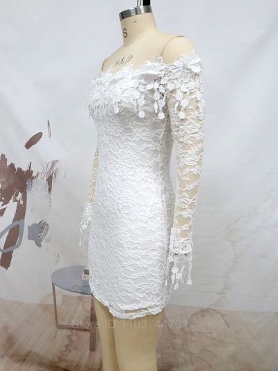 Fashion Elegant Chiffon Floral Dresses For Women High Waist Wrap White Dress Summer Hollow Long Sleeve Sexy Dress Rropa De Mujer