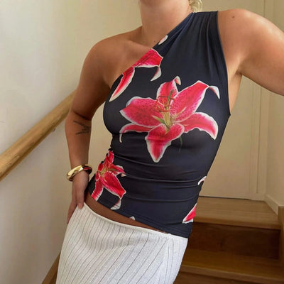 Women's One Shoulder Tops Slim Flower Print Slash Neck Backless