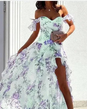 Elegant Party Dresses for Women 25 New Casual Fashion Print Trend Sexy Spicy Girl Off Shoulder Strap Split Waist Dress Vacation