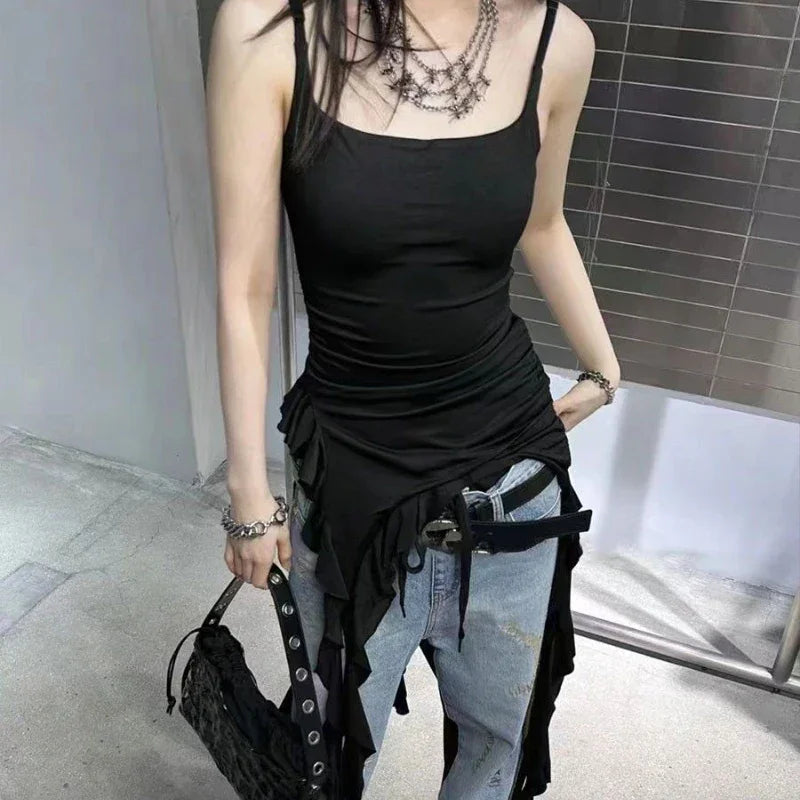 Deeptown Sexy Tank Top Asymmetrical Black Y2k Women Ruffle Grunge Backless Coquette Fashion Streetwear Tops Solid Aesthetics