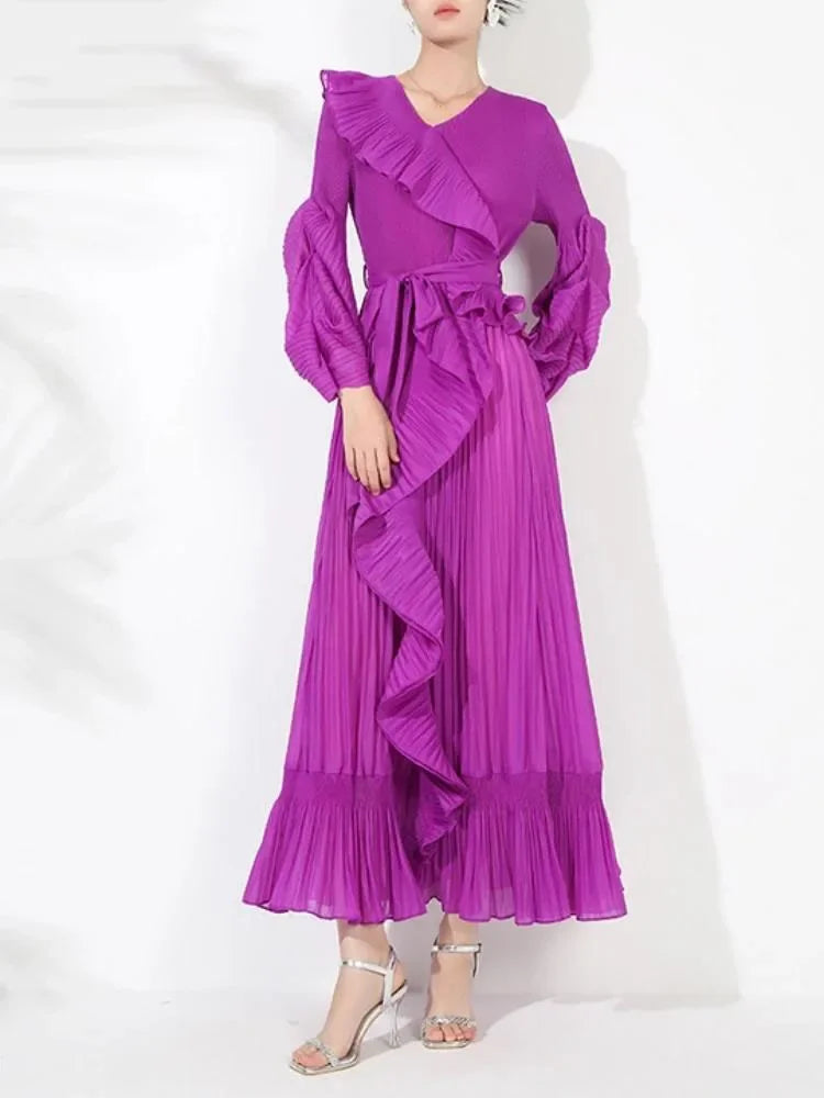 Women's V Neck Ruffles Splice Lantern Sleeve High Stretch Oversized Dresses Miyake Maxi Pleated 2025 Spring Long Party Clothing