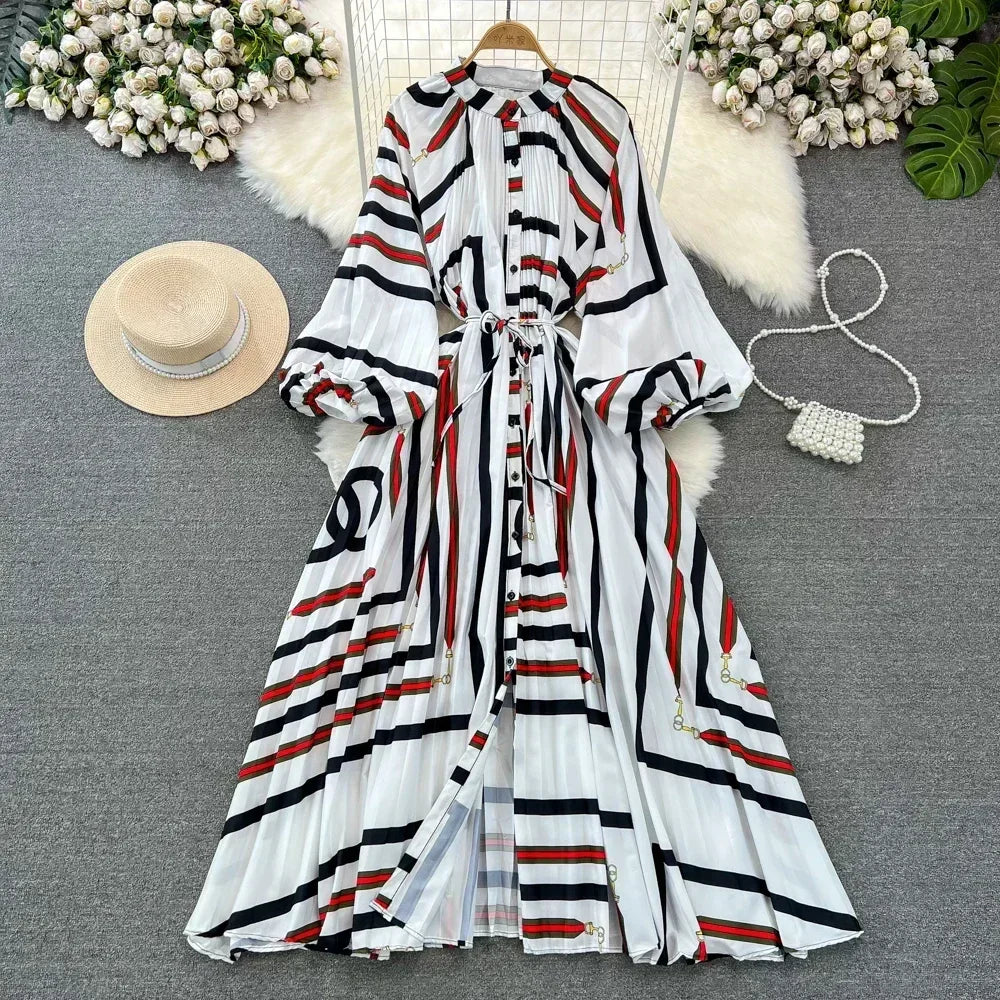 Retro Elegant Sashes O Neck Single Breasted Print Dresses Long Lantern Sleeves A-line Casual High Waist Women Autumn Clothing
