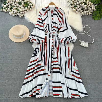 Retro Elegant Sashes O Neck Single Breasted Print Dresses Long Lantern Sleeves A-line Casual High Waist Women Autumn Clothing