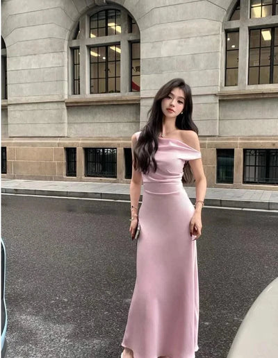 Satin Sexy Off Shoulder Dress Women Pink Skinny Elegant Soft Dress Classic Fashion Party Evening Gown Sleeveless Lady Vestidos