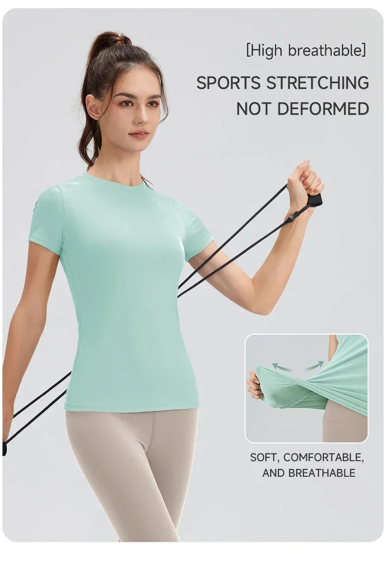 2024 Women Sports Shirt Tight Yoga top Quick Dry Gym Top Outdoor Short Sleeve Running Sportswear Women T-shirts - Elanique