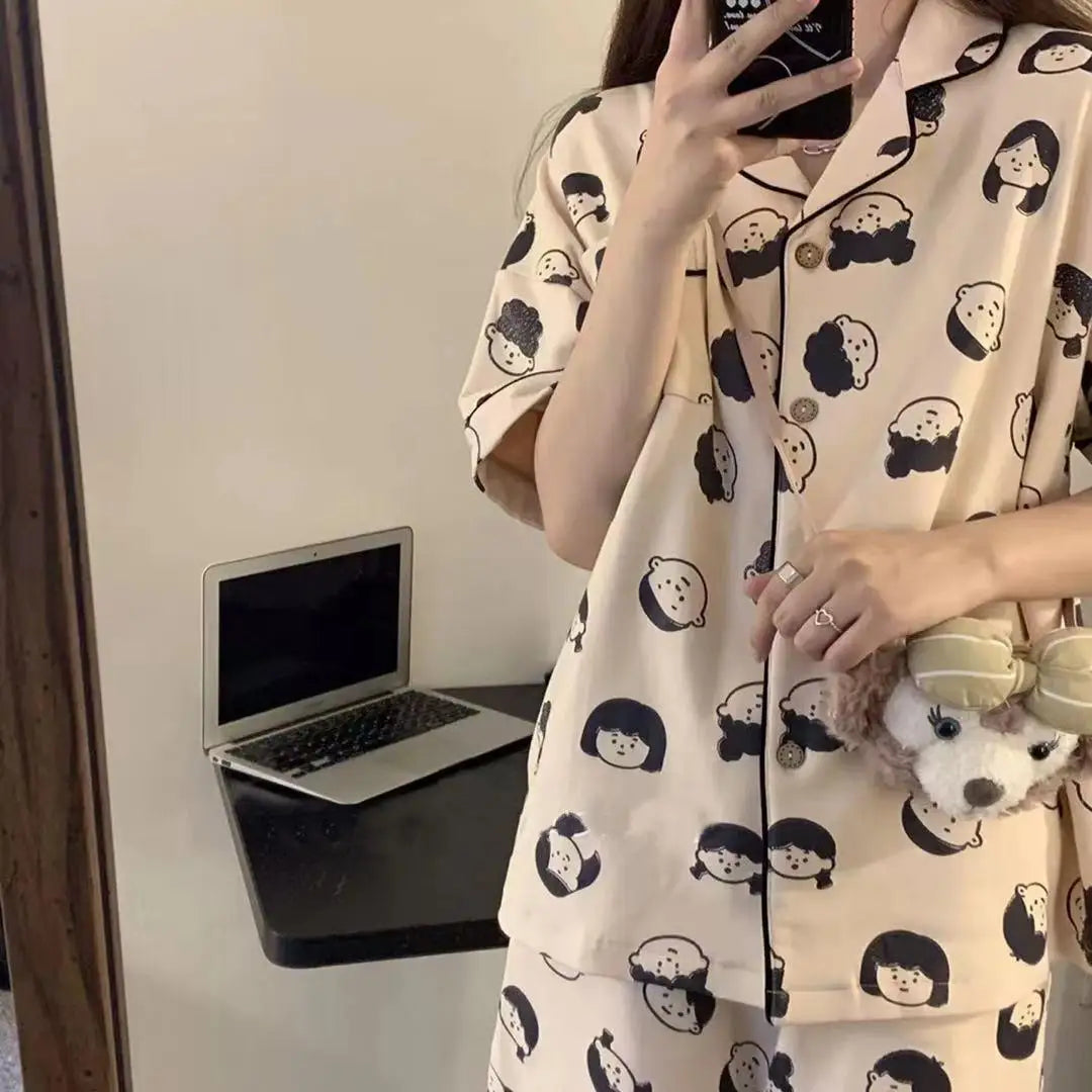 New Women Sleepwear Cartoon Pajamas Female Short  Pants Short Sleeved Summer Spring Loungewear Fashion Home Clothing Homewear