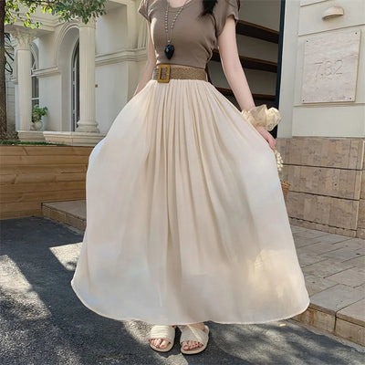 2025 New High Waisted Cotton Linen Pleated Midi Skirt – Summer Flowy A-Line Maxi Skirt for Women, Breathable & Elegant