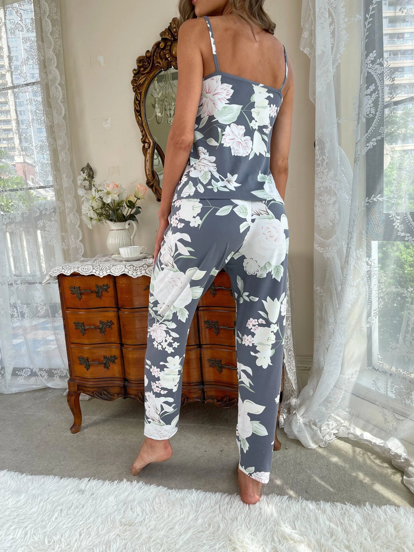 Women's Sleepwear Lounge Wear 3 Pcs Women Pajamas Set  Floral Printed Sleepwear Cami Top&Long Pants with Bathrobe Dressing Gown